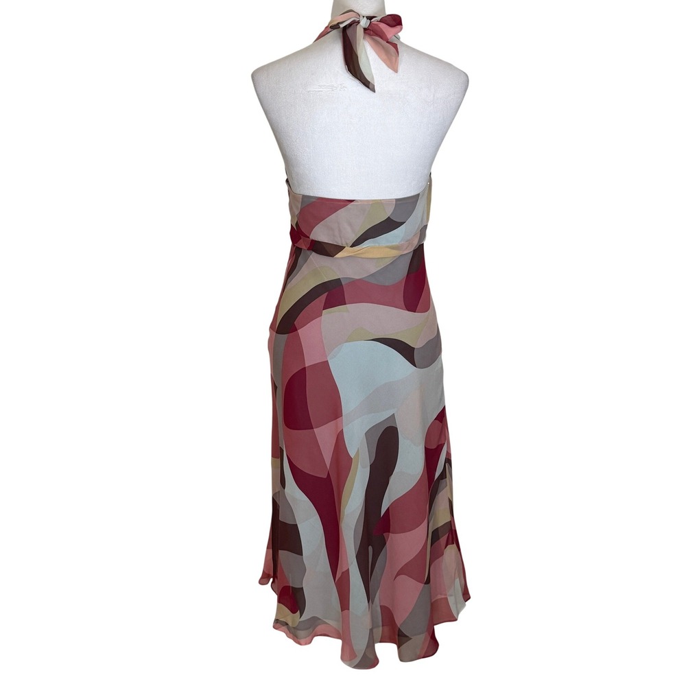 BCBGMaxAzria 100% Silk Halter Abstract Swirl Midi Dress Size 10 Y2K Backless - Picture 3 of 14